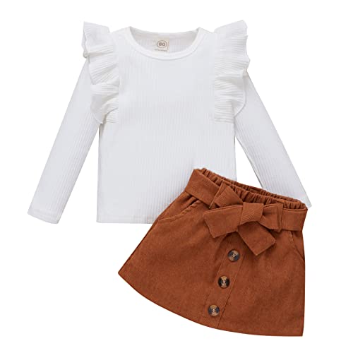 Uwdiohq Sommermode Damen 2026 Kleinkind Mädchen Rüschen Langarm gerippt gestrickt Rollkragen T-Shirt Tops solide Fliege Rock Outfits Kinder Pullover Mädchen Süße Baby