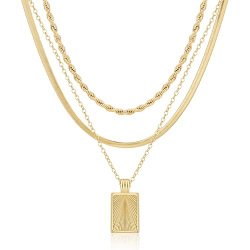 Kyerlyn layered gold necklaces for women,Stackable Simple 14K Gold Plated Chain Necklace Layering Fashion Pendant herringbone Necklaces Trendy gold Jewelry for women trendy Set Gifts