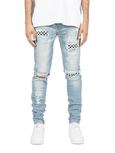 Jeans Pants Trouser Denim Ripped Hole Street Trendy Elastic Tight Fitting Washed Blue Ground White Small Leg for Men3