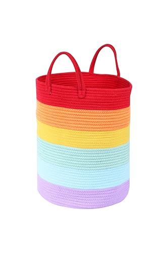 Image of Large Rainbow Basket 18” x14”| Colorful Classroom Decor for Toy Storage Baskets for Organizing | Cotton Rope Laundry Basket Hamper with Handles for Playroom Organization