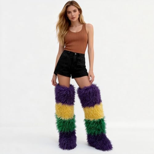 Image of Black Thigh High Fur Boots, Over the Knee Fluffy High Boots, Tall Furry shoes for Women