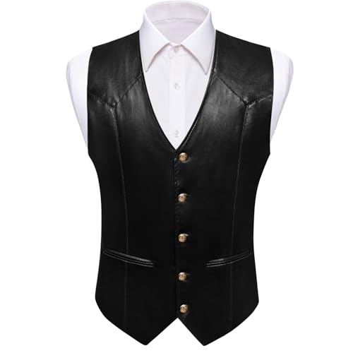 Barry.Wang Mens Leather Vests Casual Western Cowboy Vest V-neck Jacket Lightweight Waistcoat4