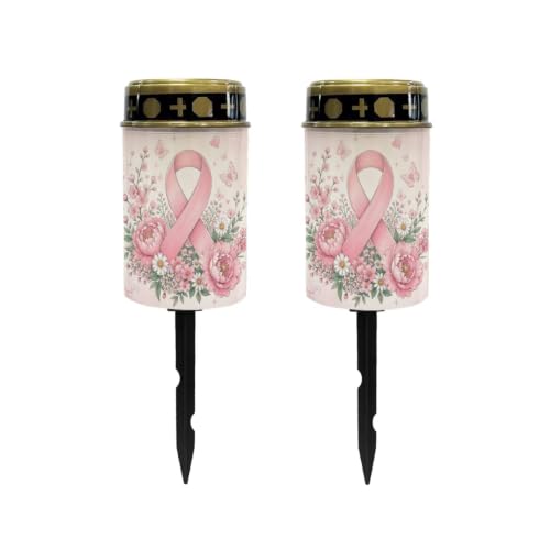 Image of Poceacles Cemetery Candle Grave Lights Outdoor Waterproof Decoration Pathway Lights Garden Solar Candle for Garden Lawn Decor, Pink Ribbon Floral Butterfly, Set of 2