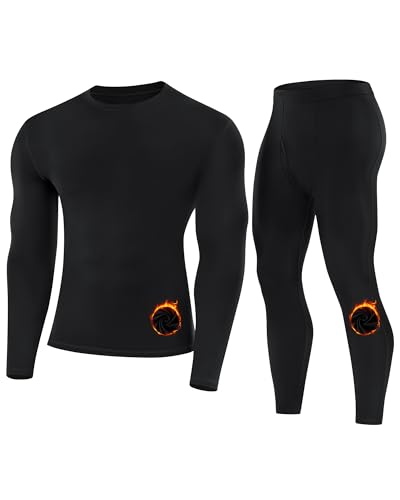 Runhit Men's Thermal Underwear Fleece Base Layer Set Black L