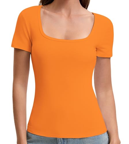 OYIGELZ Maglietta da donna basic a maniche corte Y2K, slim fit, taglio classico, crop top, tinta unita, maglietta estiva casual, arancione-f1, S