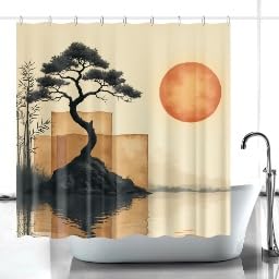 Rideau de douche japonais bonsaï imprimé géométrique beige - 5