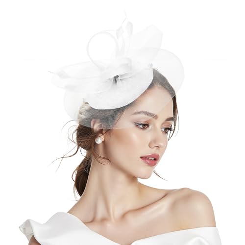 Zando White Fascinators for Women White Fascinator for Weddings 2-in-1 Headband Hat with Clip Elegant Hair Accessories for Mother of the Bride & Guest Outfits Royal Ascot Ladies Day & Tea Party