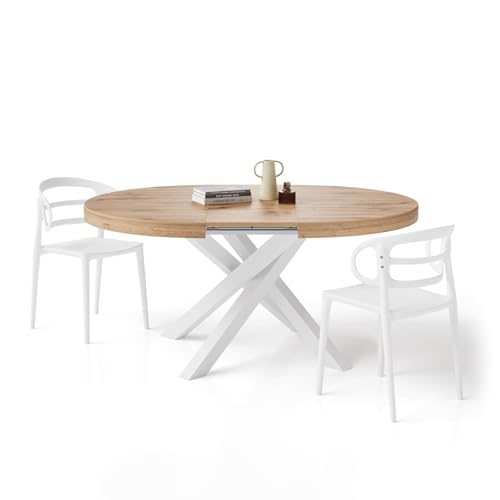 MOBILI FIVER, Mesa Redonda Extensible Emma 120-160 cm en Color Madera rústica con Patas Cruzadas Blancas, para 4-6 Personas, Mesa Extensible de Comedor, Mesa Cocina, Salon, Made In Italy