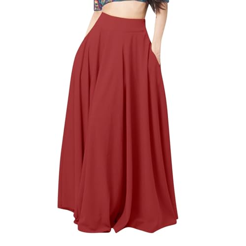 CreoQIJI Falda de cuero hasta la rodilla señoras mujeres trabajo suelto casual largo grande sólido falda plisada elástica cintura falda alrededor de baño G, rojo, M