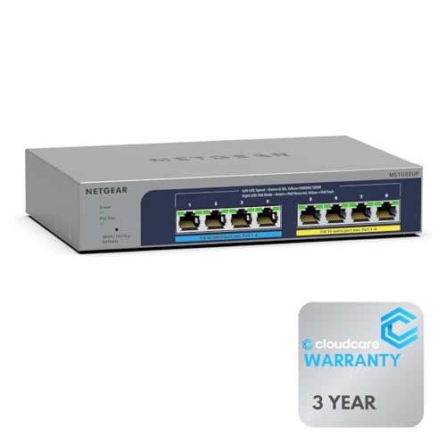 Image of NETGEAR MS108EUP 8-Port 𝐏𝐨𝐄++ 𝐌𝐚𝐧𝐚𝐠𝐞𝐝 Switch | 4 x 100 /1000 /2.5G PoE++ + 4 x 100 /1000 /2.5G PoE+ | Desktop and Wall-Mountable | Cloud Care's 3-Year Warranty SupportPlus Included