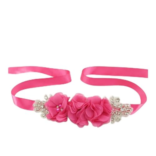 BODOBTF 1 cinturón de novia con diamantes de imitación plateados, cinturón de poliéster satinado, para vestido de dama de honor, Rosa Roja, Talla única
