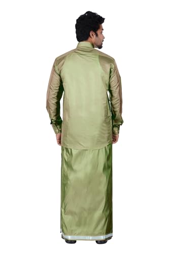 Image of PRAKASAM COTTON-Mens Art Silk Wedding Set /Art Silk 8 Mulam (8-Yard) Dhoti and Stitched Shirt for mens