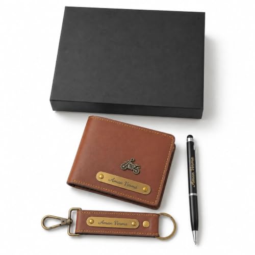 Image of B'Code Personalized Name & Charm Leather Wallet Mens Combo Giftset | Customized Birthday Anniversary Wedding Engagement Office Gifts for Man| Gift for Men| Brothers Raksha Bandhan Present (Tan)