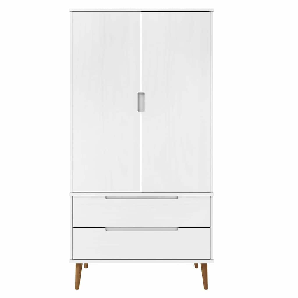 Armadio MOLDE bianco in legno di pino massiccio, 90 x 55 x 175 cm, con vernice UV, 2 cassetti, grande scomparto, guardaroba con asta appendiabiti per camera da letto, corridoio e spogliatoio