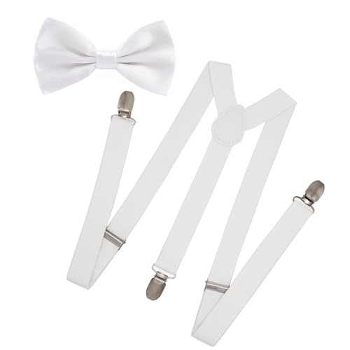 WannGe Mens Women Suspenders 1" Inch Elastic Adjustable Y-Back Clip-on Suspender and Bow Tie Set - White