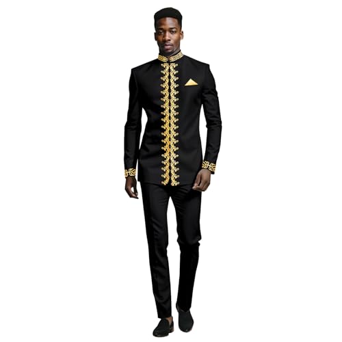 African Clothes for Men Regular Fit Casual Embroidery Blazer and Pants 2 Piece Linen Suits Set