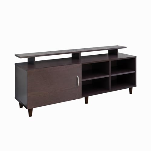 Image of VIKI Modern TV Unit for Living Room | Engineered Wood TV Cabinet with 1 Door Storage, 2 Open Shelves & Extension, Entertainment Unit, 140W x 48H x 40D cm | DIY | 1 Year Warranty (Wenge)