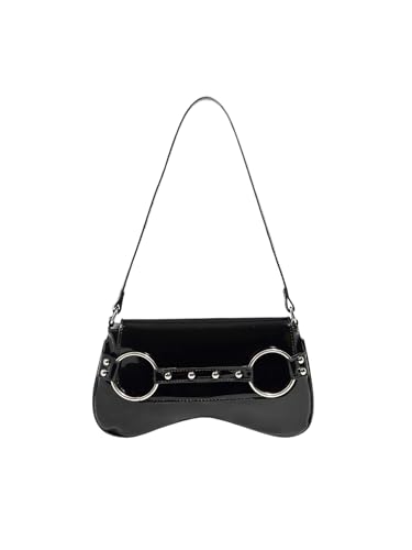 QWINEE Women's Metal Studded Shoulder Handbag Flap Magnet Faux Leather Underarm Purse