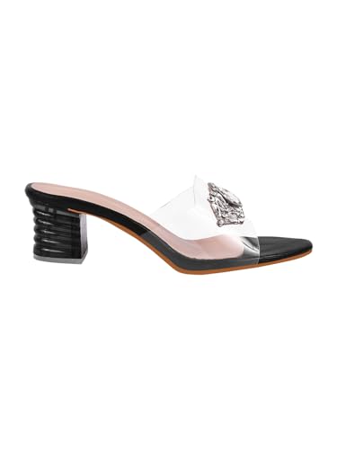 Image of TRYME Embellished Front Studded Buckle Block Heels Comfortable Transparent Party Kitten Heel for Womens & Girls