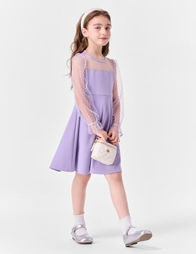 Girl's Contrast Mesh Puff Long Sleeve Girls Fall Dresses High Waist A Line Casual Party Wedding Dress 5-14 Years3