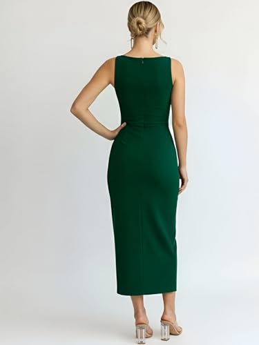 Image of Women's Sleeveless Midi Dress, Square Neck, Ruched Side, Bodycon Style with Slit