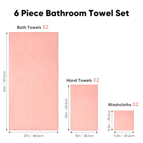 Image of Orighty 6-Piece Towel Set - Soft & Lightweight - 2 Bath Towels, 2 Hand Towels, and 2 Wash Cloths - Absorbent & Quick Drying Microfiber Towel for Multipurpose, Bathroom, Gym, Sport, Yoga, Travel - Pink