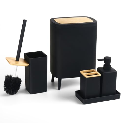 AJEUNGAIN Badezimmer Set Schwarz: 5-teiliges Badzubehör mit Mülleimer auf Füßen, Seifenspender, Zahnbürstenhalter, WC-Bürste und Halter, Tablett (Schwarz, Matte, Acrylnitril-Butadien-Styrol (ABS)) AJEUNGAIN Badezimmer Set Schwarz: 5-teiliges Badzubehör mit Mülleimer auf Füßen, Seifenspender, Zahnbürstenhalter, WC-Bürste und Halter, Tablett (Schwarz, Matte, Acrylnitril-Butadien-Styrol (ABS))