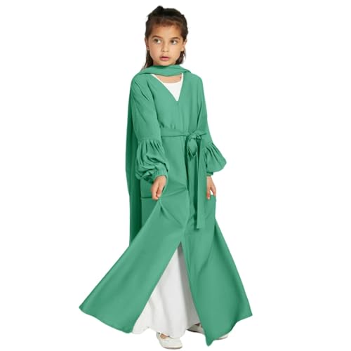 Kids Girls Abaya Muslim Long Sleeve Snap Front Maxi Dress with Belt Robe Kimono Dubai Hijab Dress3