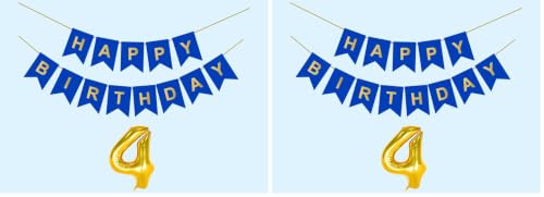 Image of 4th Happy Birthday Decoration Kit Dark Blue for 4 year Old Boys Girls Baby with Number Four Party Decorations Decor Celebration Items Item Set Combo Reusable Paper Banner (Pack of 2)