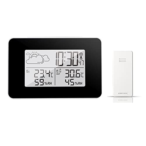 Station météo sans fil avec horloge numérique extérieure et intérieure noire