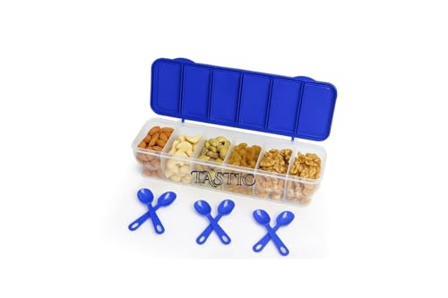 Image of TASTIC Multipurpose 6-in-1 Masala Box for Kitchen| Airtight BPA-Free Plastic 6 Section Storage Container with 6 Spoons, 1800 ml Transparent Pickle Box for Spices| Pack Of 1 PISTA (BLUE)