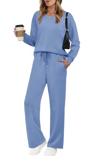 Image of WIHOLL Lounge Sets for Women 2026 V Neck 2 Piece Outfits Airport Wide Leg Pants Matching Set Sweatsuits