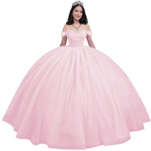WDBFY Glitter Tulle Quinceanera Dresses with Bow Off Shoulder Beaded Sweet 16 Desses Puffy Tulle Pleated Long Ball Gowns