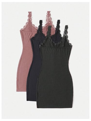 Image of SOLY HUX Women's 3 Packs Nightgowns Soft Sexy Lace Trim Sleep Dress Chemise Pajamas Sleepwear Cami Mini Slip Dresses
