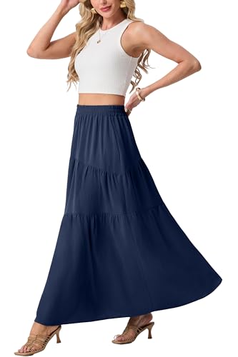 GRECERELLE Women's Navy Blue Plus Size Maxi Skirt Summer High Waisted Trendy Flowy Casual Boho Tiered A-Line Long Skirts with Pockets, 3XL — view 6