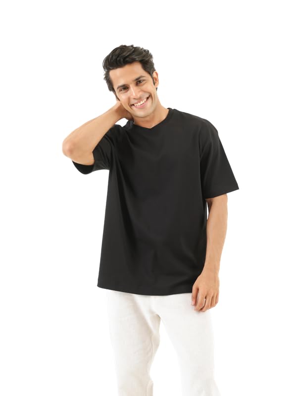 Image of SAADAA Men's Oversized Cotton T-Shirt | 210 GSM Heavyweight Fabric | Drop Shoulder | Dual Knit | Comfortable Casual Wear | Solid Colors