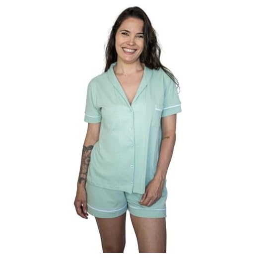 Pijama Algodão Feminino Curto Americano Manga Curta com Botão Botões Verão Adulto indicado Gestante Amamentação e Pós cirúgico - Verde Chá (BR, Alfa, 3G, Regular, Regular, Verde chá)