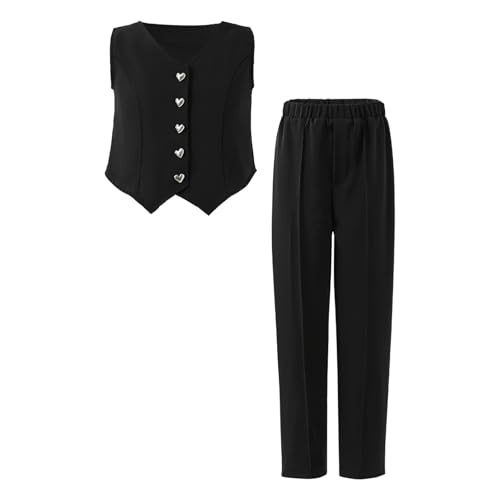 pMMq 8-12Y Girls 2 Piece Outfits Elegant Sleeveless Suit Vest & Long Elastic Casual Pants Set