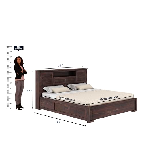 Image of Ganpati Arts Maharaja Groove Solid Sheesham Wood Queen Size Bed with Hydraulic Box and Headboard Storage Wooden Double Bed Cot Palang Furniture for Bedroom Living Room Home (Walnut Finish)