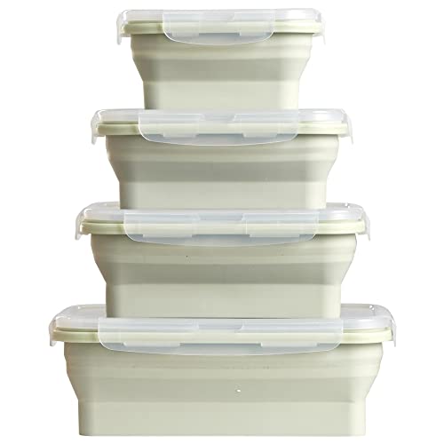 Set 4 Recipientes plegables de silicona para alimentos fiambrera con cierre y válvula de salida de aire | 8 piezas (4 envases, 4 tapas Transparente) Apto para lavavajilla, microondas, congelador Cover