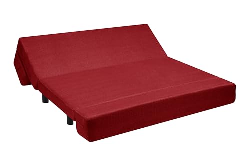 Image of 5X6-Feet Leg Sofa Cum Bed with Ottoman | Jute Fabric 3 Seater Convertible Sofa Bed | Modern Space Saving Furniture for Living Room | Red