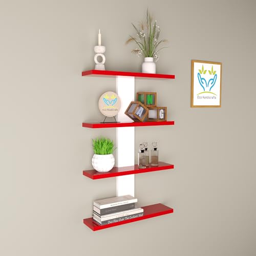 Image of Wooden Wall Mounted Floating Rack Shelves Book Stand Display Hanging Shelf Living Room Bedroom Storage Home Office for Decoration Showcase (Red White)