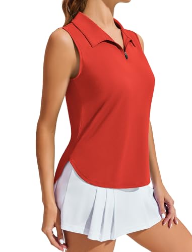 Image of PINSPARK Women Golf Shirts Sleeveless UPF 50+ Tennis Polo V-Neck Quick Dry Athletic T Shirt 1 /4 Zip Collar Workout Tank Top