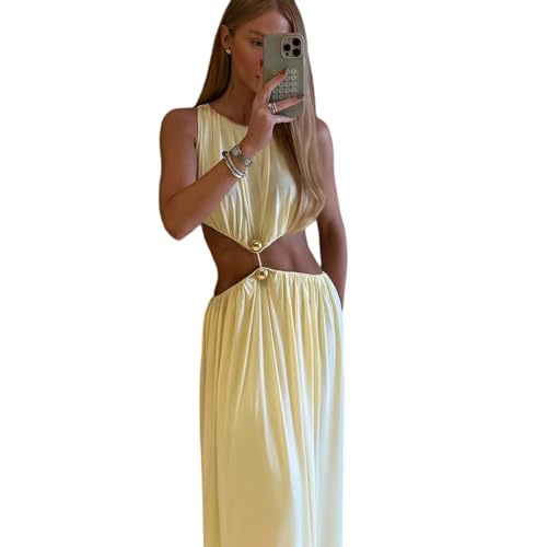 Gyios Vestido 2026 Elegante Sin Mangas De Cuello O Cintura con Adorno Metal, Delgado Fiesta Verano para Baile, Vacaciones Y Noche-Beige-s