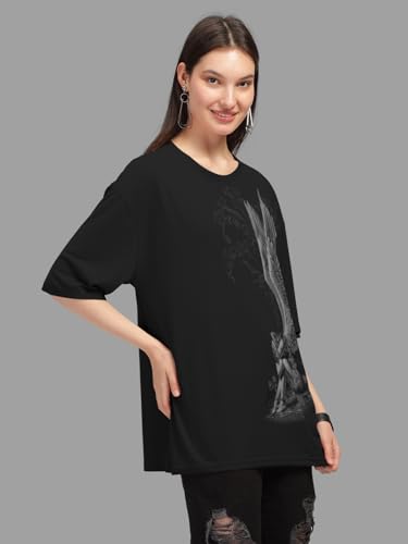 Image of HELLCAT Beige Trendy Printed Oversized T-Shirt for Women