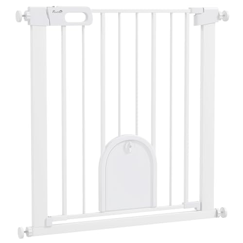 PawHut Türschutzgitter Treppenschutzgitter Hunde Absperrgitter Schutzgitter für Haustier Hundegitter Klemmbefestigung Stahl Weiß 75-82 x 76 cm
