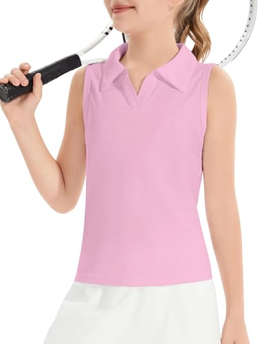 Image of Girls Sleeveless Polo Shirts, Kids V Neck Golf Shirts Blouses, Quick Dry Athletic Girls Tennis Tank Tops, Size 5-14