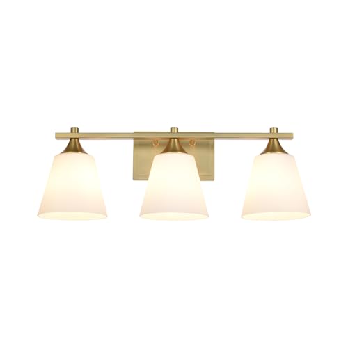 Image of Brass Bathroom Vanity Light Fixtures, 3 Lights Traditional Gold Vanity Lighting Fixture with Opal Glass Shade, Porch Wall Mount Light Fixture for Bathroom, Mirror Cabinets Hallway Stairs, Aged Brass
