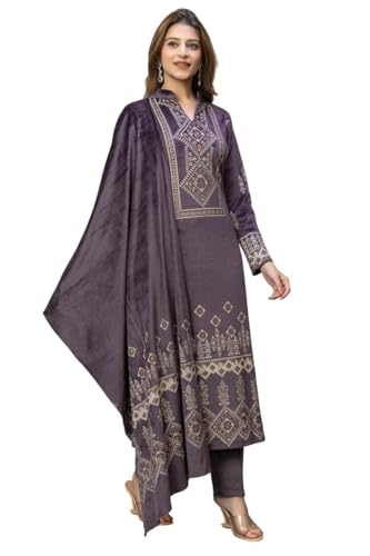 Image of HIFZAA velvet kurta palazzo set with dupatta for womens printed winter wear suit M to 4xl