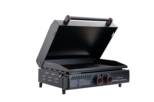 Image of Gridiron Gameday 24 inch Portable Propane Grill - Flat Top Tabletop Griddle with Hinged Lid, 24,000 BTUs, Flamethrower Ignition, Dual Heat Zones, Adjustable Legs for Tailgating, Camping & Outdoor Cooking